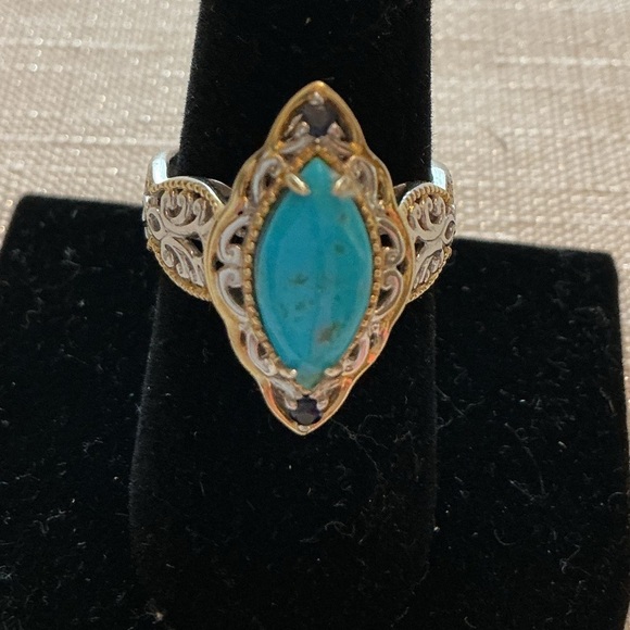 Gems En Vogue Vintage Marquise Kaolin Turquoise and Blue Sapphire Ring